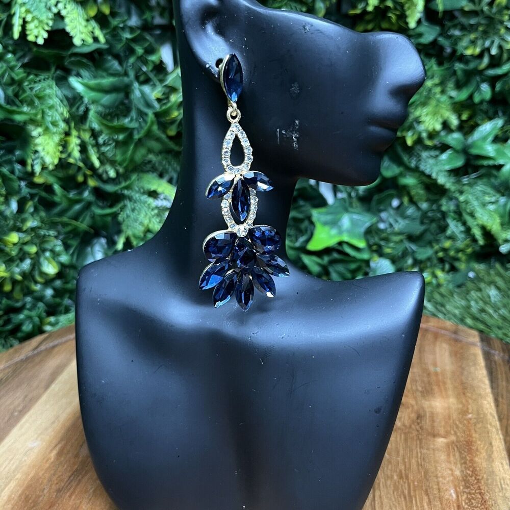 Earrings Women Gold Tone Blue Stone Dangle Drop Fashion Statement‎ 3.5 Inch 2127